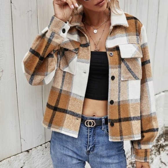 Plaid Print Crop Jacket Button Down - Picture 2 of 5